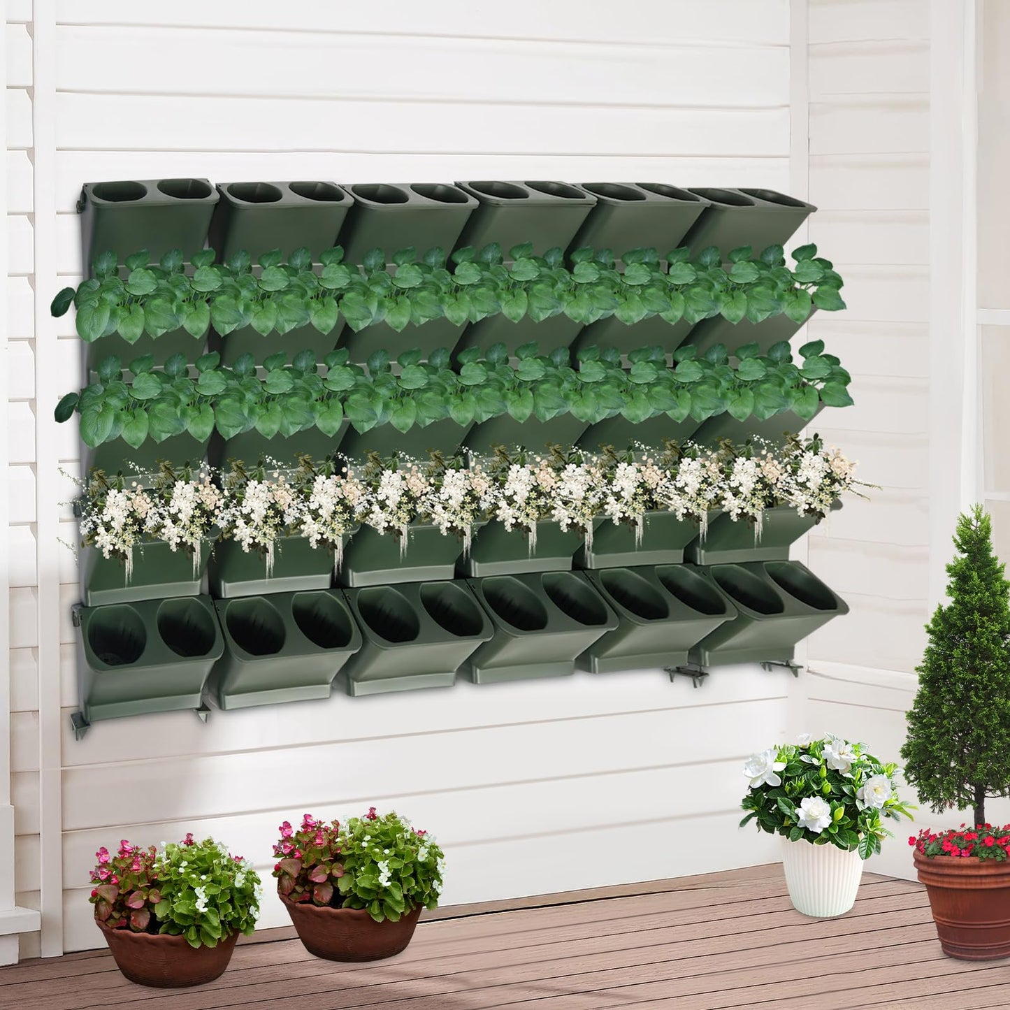 DYNAMI Wall Mounted Plant Holder with 30 Pots(60 Planting Holes), Green Vertical Wall Planters Self Watering Flower Pot Holders with Drainage Holes,for Indoor Outdoor Plants