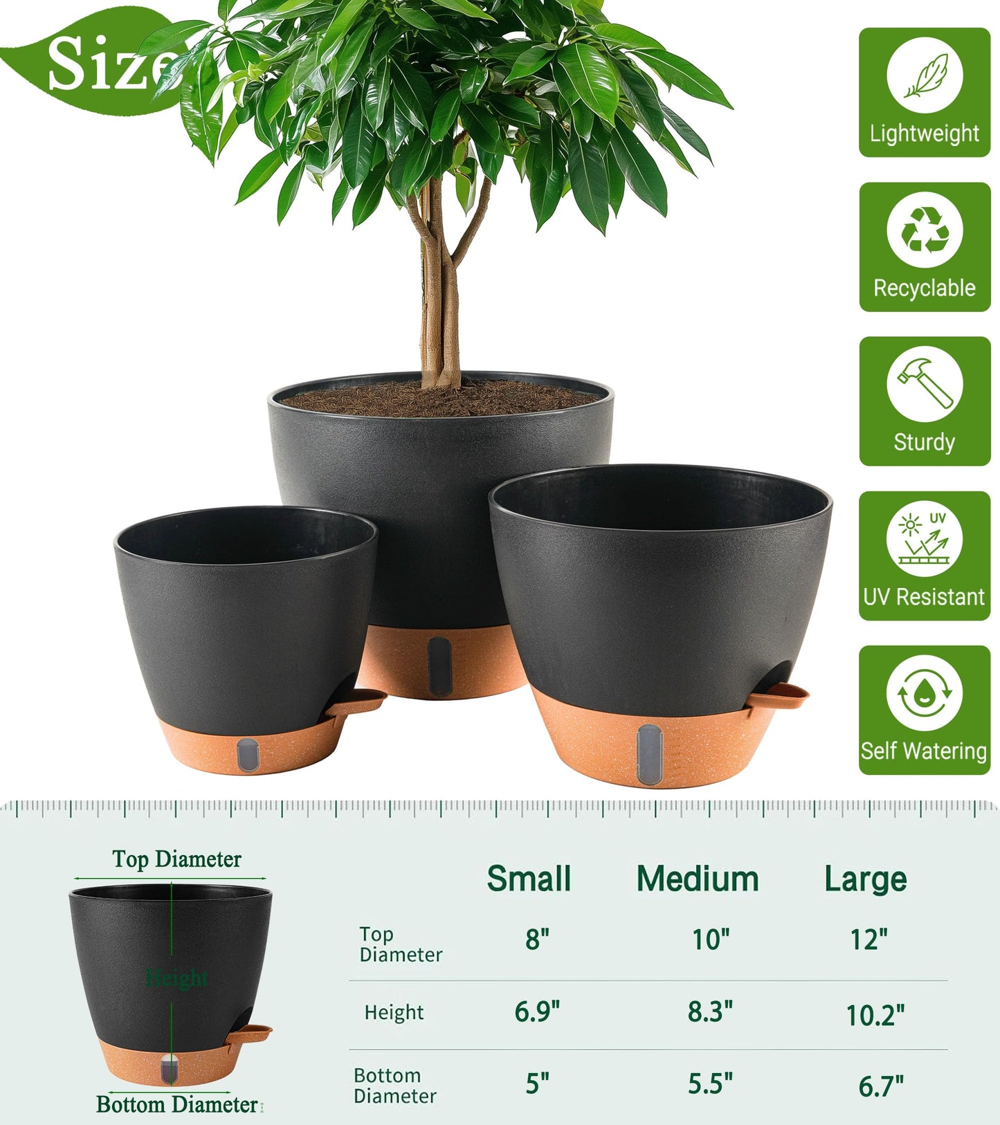 Fielda 8/10/12 Inch Self Watering Pots for Indoor/Outdoor Plants - Large Plastic Planter with Drainage Holes, Water Level Indicator & Deep Reservoir, Modern Decorative Flower Pots (Black)