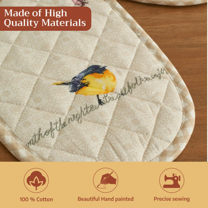 Maison d' Hermine Double Oven Mitts 100% Cotton 7"x35" Double Oven Mitt Heat Resistant BBQ Cooking Gloves with Loop Baking Grilling Kitchen Hotel Home Farmhouse Spring Summer (Birdies on Wire)