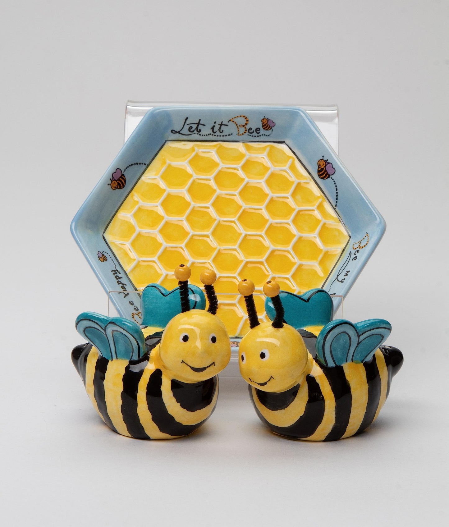 Appletree 2-Inch Ceramic Bee Salt and Pepper with Honeycombed Tray, Yellow