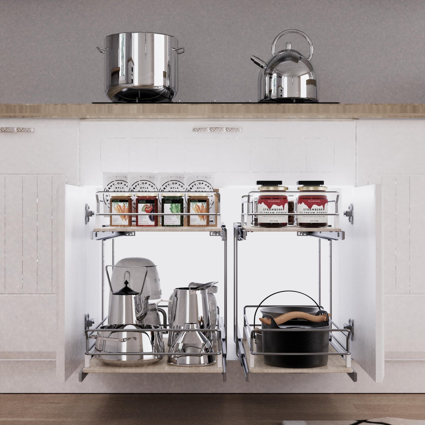 2 Tier Pull Out Cabinet Organizer 20" W X 22" D, Slide Out Drawers For Kitchen Cabinets, Pull Out Drawers For Cabinets Capacity Heavy Duty Caddy, Cabinet Pullout Shelves Wood Chrome, Pantry Storage