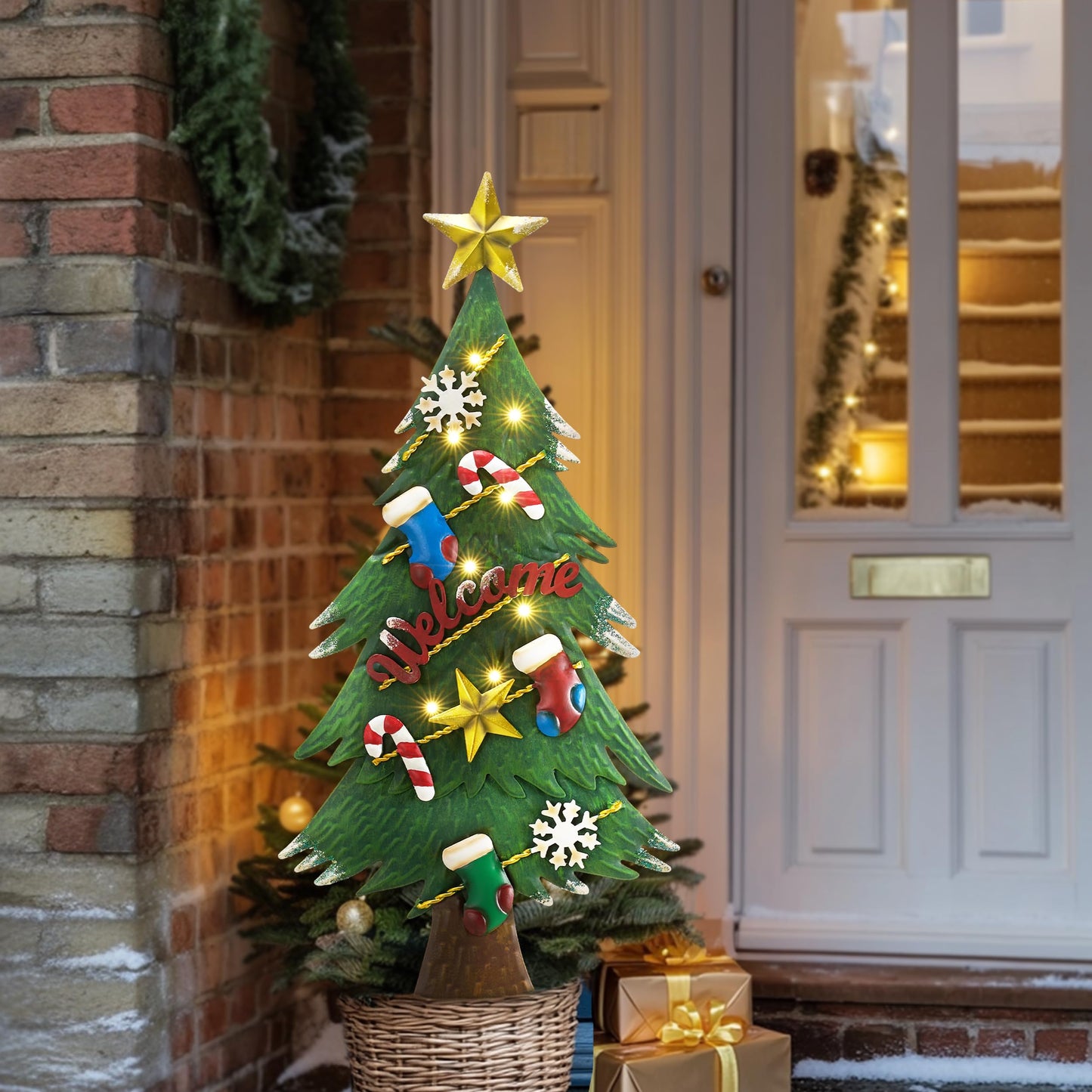 TERESA'S COLLECTIONS Christmas Garden Stake, Metal Outdoor Christmas Tree Decorations for Home, Welcome Sign with Solar Light, Green Waterproof Decoraions for Yard, Party Gifts,31"