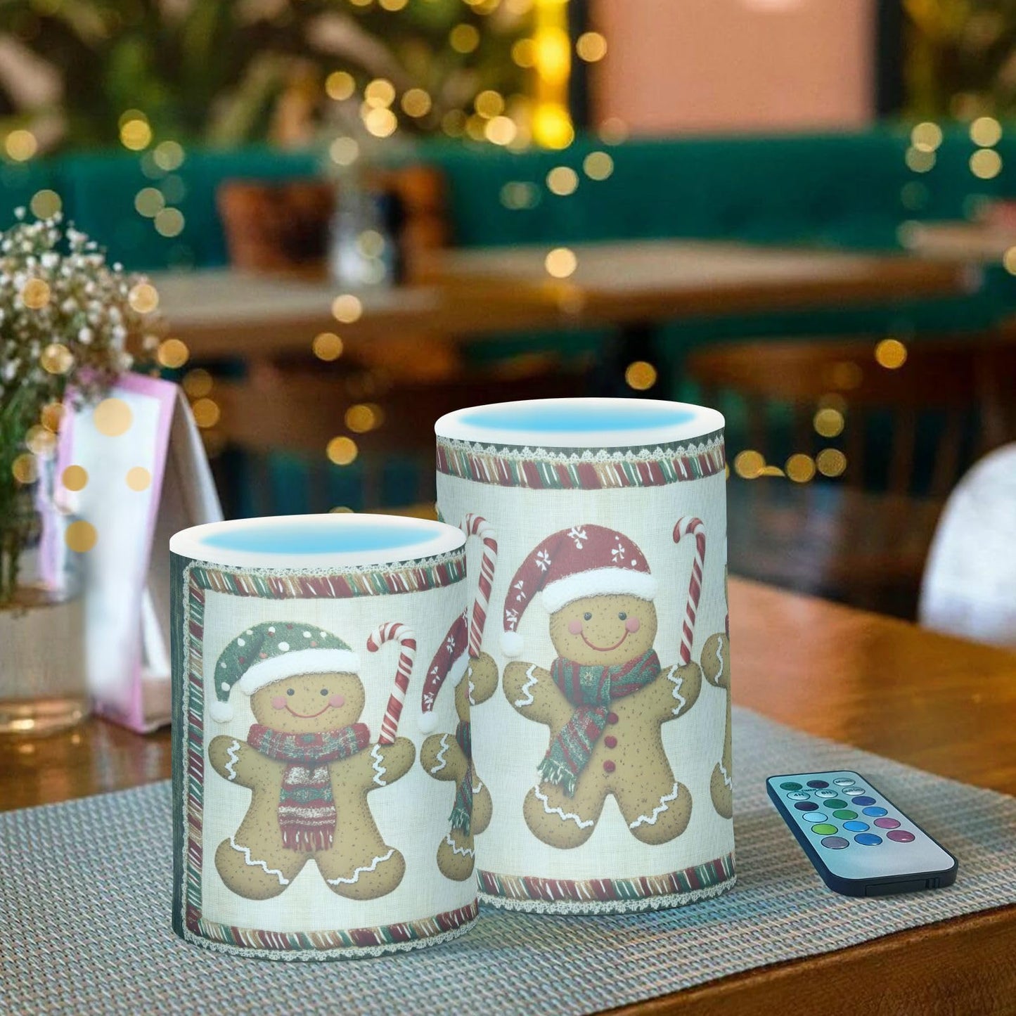 ALAZA Christmas Gingerbread Candy Cane03 Flickering Flameless Candles Battery Operated with Remote Timer,Tea Light Candles LED Pillar Votive Candles Set of 2 for Outdoor Indoor Decorations