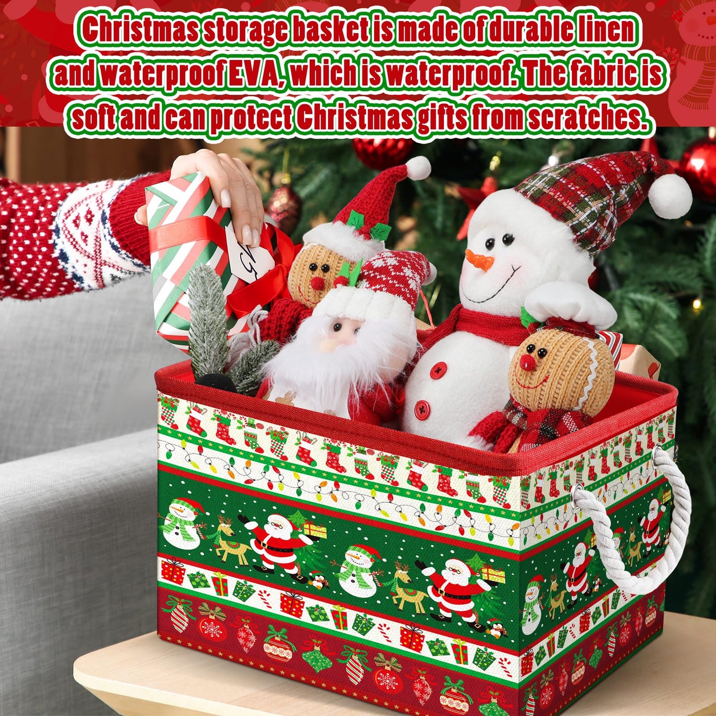 Acellegic 4 Pcs Large Christmas Storage Basket 15 x 10 x 9.5 Inch Foldable Christmas Storage Bins with Handles & Drawstring Lid Xmas Bins Cotton Laundry Organizer for Holiday Bedroom Home(Classic)