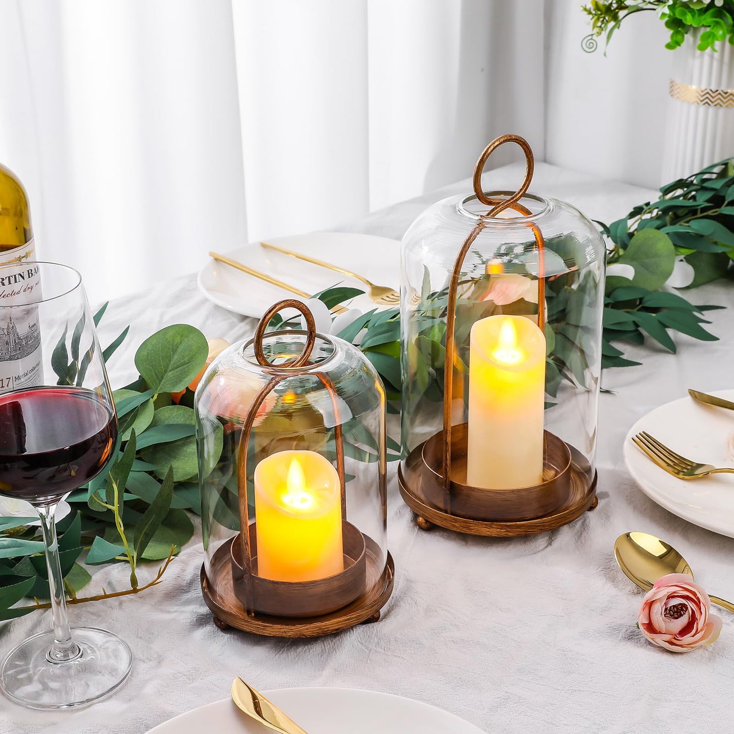 Glass Hurricane Candle Holder Decorative Gold Candle Lantern, Candlestick Holders, Hanging Metal Holder Modern Table Centerpieces (2, Brass, Large & Small)