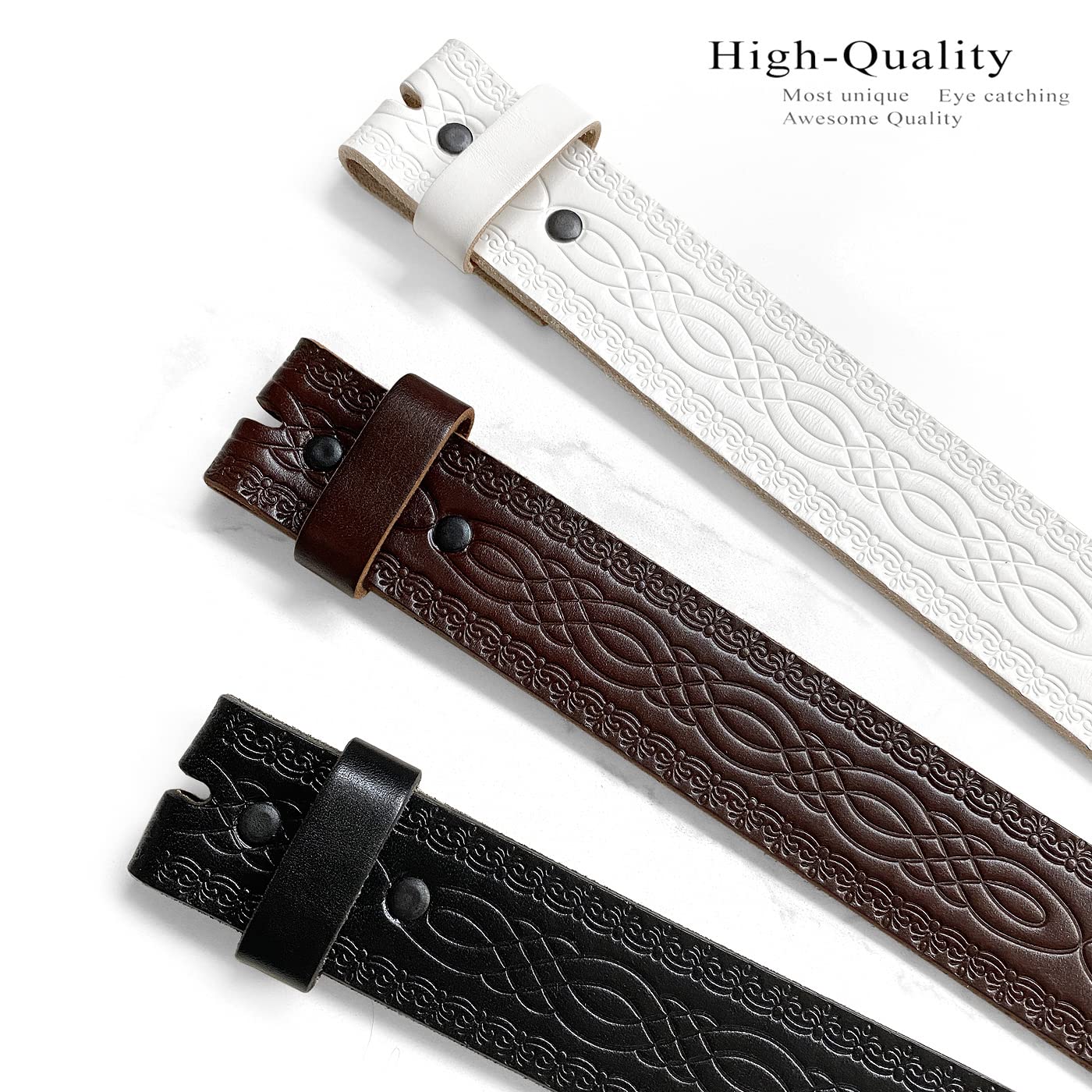 BS085 Genuine Full Grain Engraved Embossed Leather Belt Strap with Snaps on 1-1/2"(38mm) Wide (White, 42)