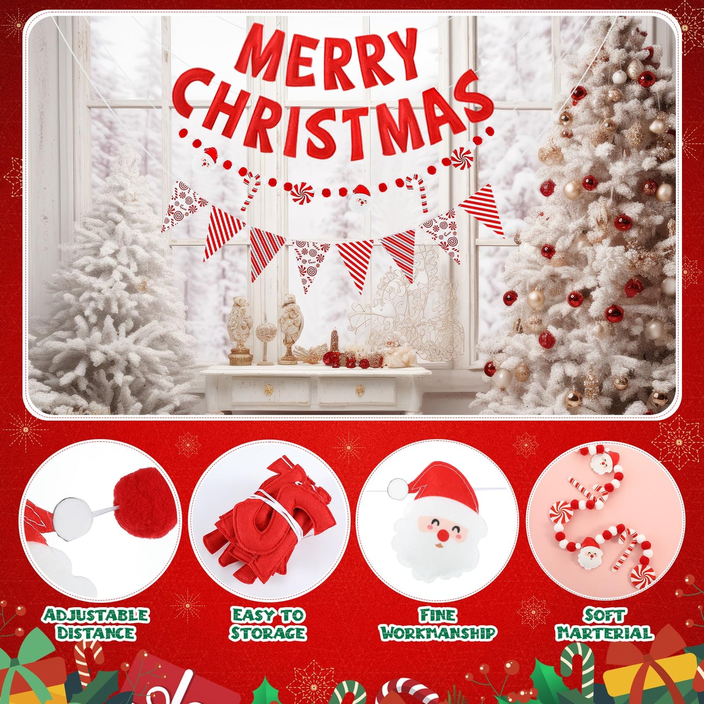 VitalCozy 3 pcs Pre Strung Merry Christmas Banner Felt Merry Christmas Garland Felt Pennant Flag Xmas Sign Outdoor Indoor Decoration for Holiday Party Supplies Home Porch(Red, White, Candy Cane)