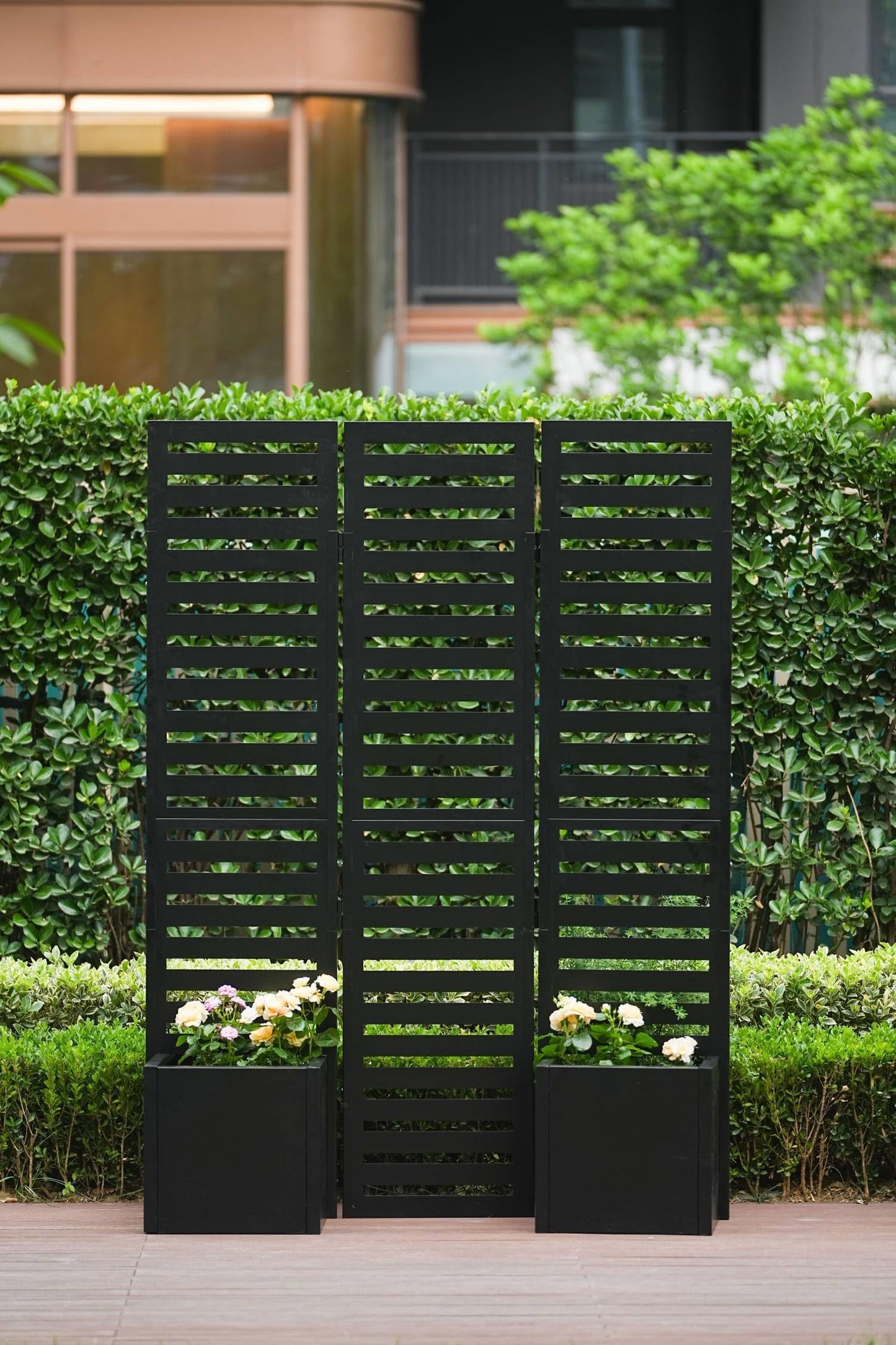 Garvee Metal Raised Garden Bed with Trellis and Privacy Screen, 71"H x 51"W x 31"D Garden Fence with 4 Self-Draining Raised Garden Beds for Climbing Plants Vegetables Vines, Outdoor Sturdy Planter Box