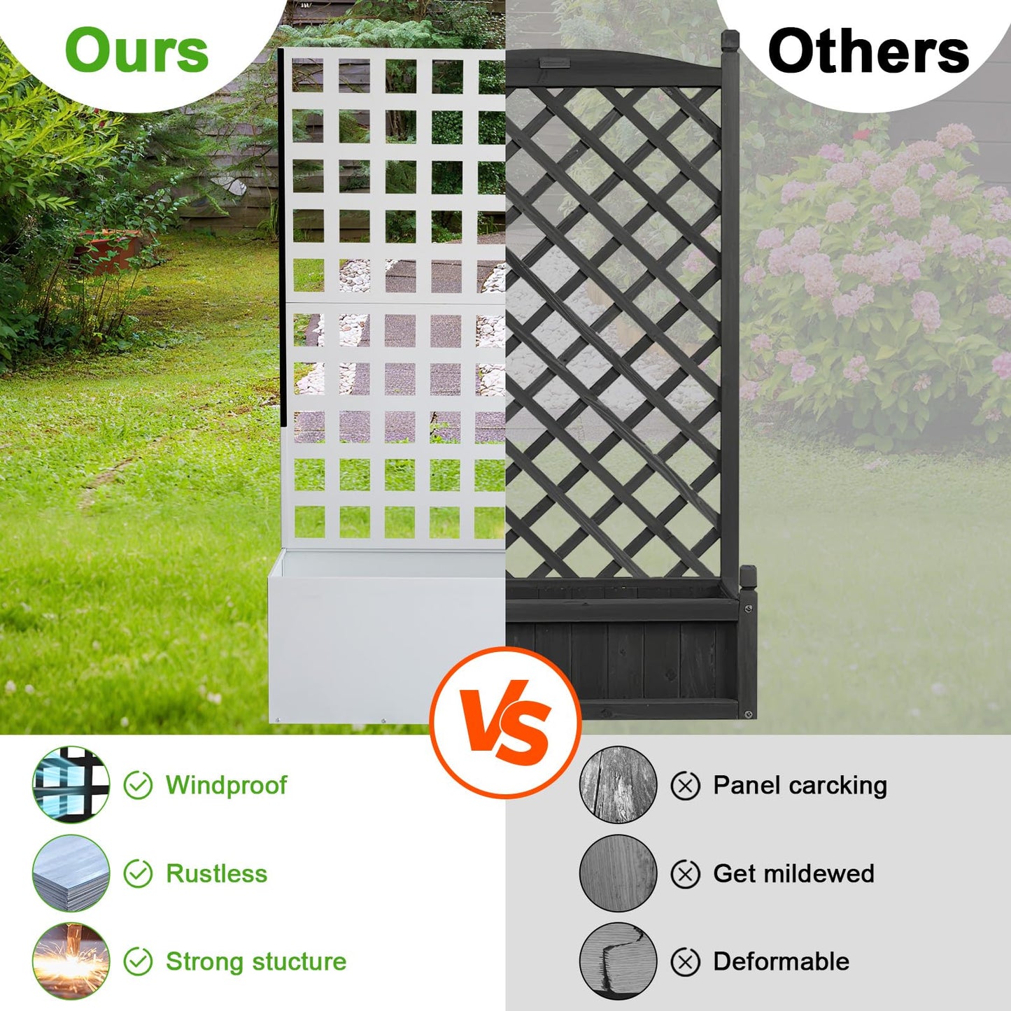 Metal Planter Box with Trellis, Outdoor Galvanized Raised Garden Bed with Privacy Screen & Drainage Holes & Lockable Casters for Climbing Plants, Vegetable