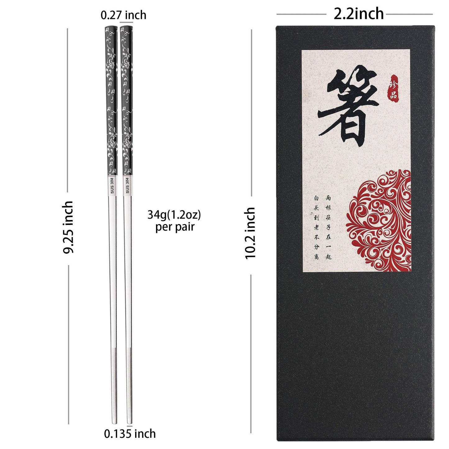 Stainless Steel Chopsticks Titanium Plated Metal Chopsticks Reusable Dishwasher safe Premium Japanese Korean Chopstick Laser Engraved Anti-slip Chop Sticks for Eating 2 Pairs Gift Set Black Silver