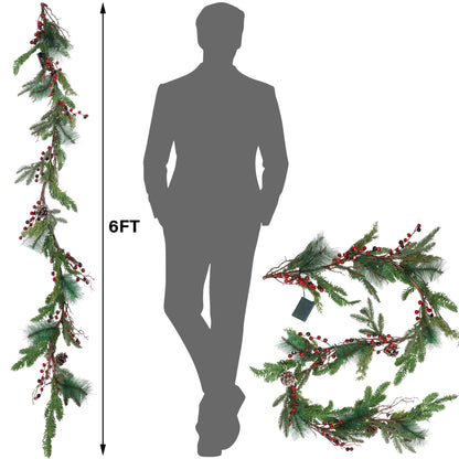 winemana 6 FT Pre-lit Artificial Christmas Garland with 20 LED Lights, Battery Powered with Pine Cones, Red Berries, Pine Needles, Lighted Christmas Garlands for Fireplace Mantle Holiday Decorations