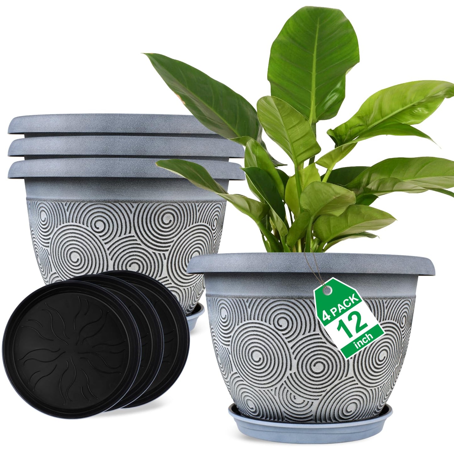 Fodetyff 12 Inch Large Planter Pot for Plants Indoor Outdoor, 4 Pack Plastic Flower Pots with Drainage Hole & Tray, Modern Decorative Garden Pot with Saucer, Plant Container for House