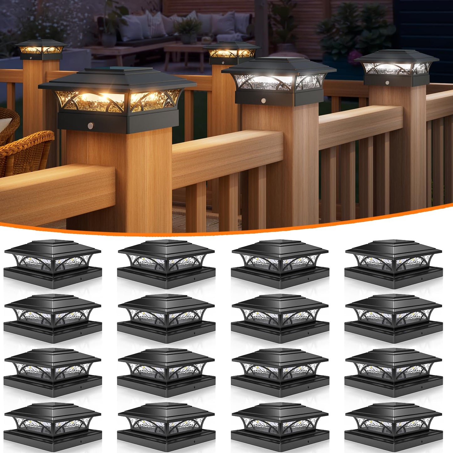 APONUO Solar Post Cap Lights 16 Pack - 4x4 5x5 6x6 Fence Post Lights, Auto On/Off, Waterproof IP64, 2-Mode (Warm/Cool White), Deck Patio Yard Solar Light for Wood & Vinyl Posts, Black