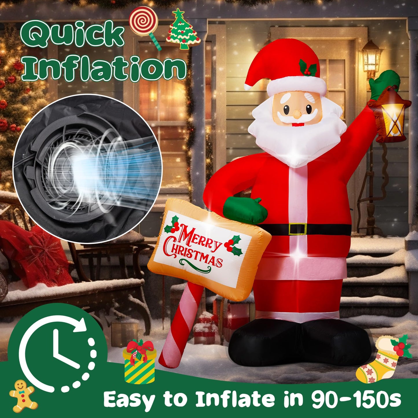 7FT Christmas Inflatables Santa Claus Outdoor Decorations, Blow up Santa Inflatables Holding Lantern & Merry Xmas Sign with Built-in LED Lights, Outdoor Holiday Yard Decor for Garden Lawn Porch