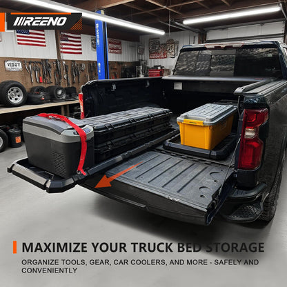 IIIREENO Slide-Out Truck Bed Organizer Tray (2-pack), Heavy Duty Cargo Storage System with Easy Tailgate Access, Fits 5'7" & Longer Beds, Durable HDPE Material, No Drilling