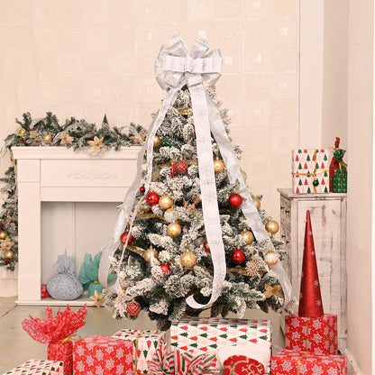 Christmas Tree Topper, 40x13 Inches Toppers Bow with Glitter Satin Mesh Streamer and Patterned Ribbon, Christmas Tree Topper Bow for Christmas Home Decoration (Gold)