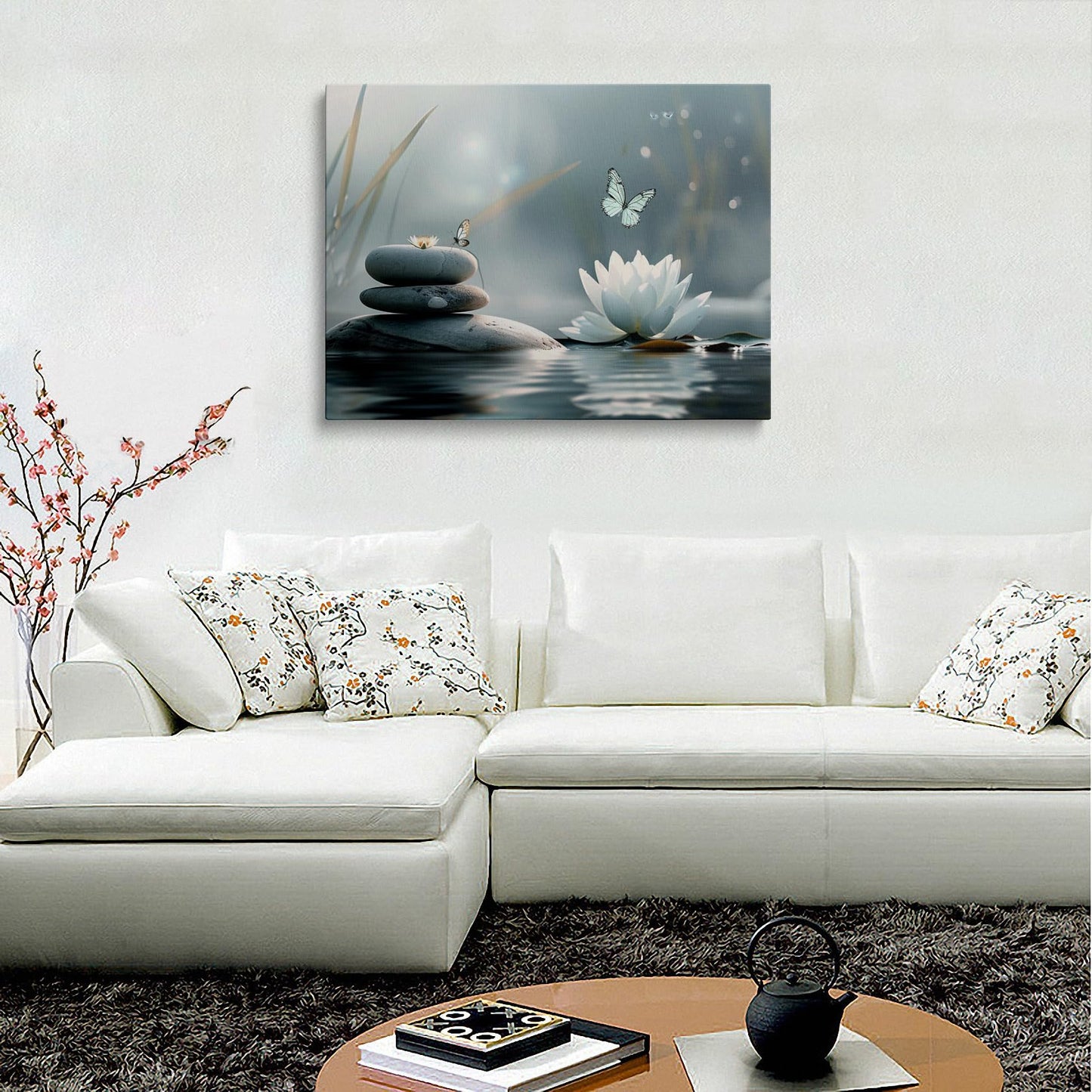 Zen Lotus Flower with Stones and Butterflies Canvas Wall Art Framed Serene Painting Prints Posters Artwork for Meditation Room Wall Decor Calming Spiritual Bathroom Art 12x16 Inches