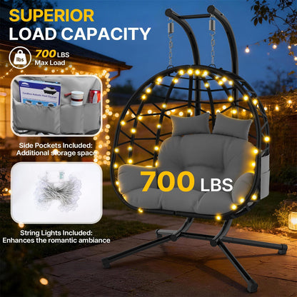 Suteck Double Hanging Egg Chair with Stand, Egg Swing Chair with Cushion,Outdoor Indoor 2 Person Wicker 700lbs Capacity for Patio, Bedroom, Garden - Black