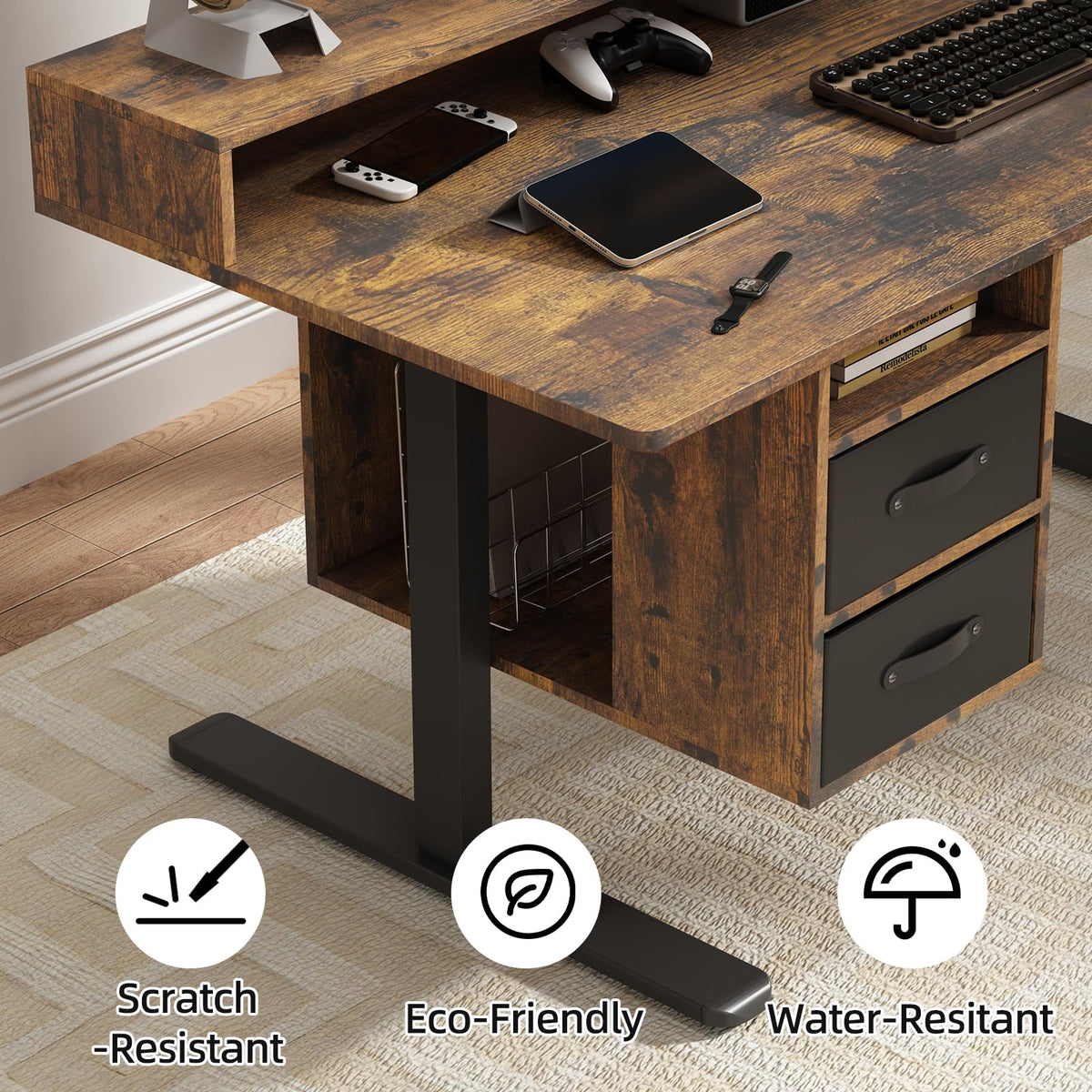 63x24 Inches Standing Desk with Drawers, Electric Computer Desk with Open Storage Shelf, Stand Up Desk, Adjustable Height 28-46 Inches for Home and Computer Workstation, Rustic Brown