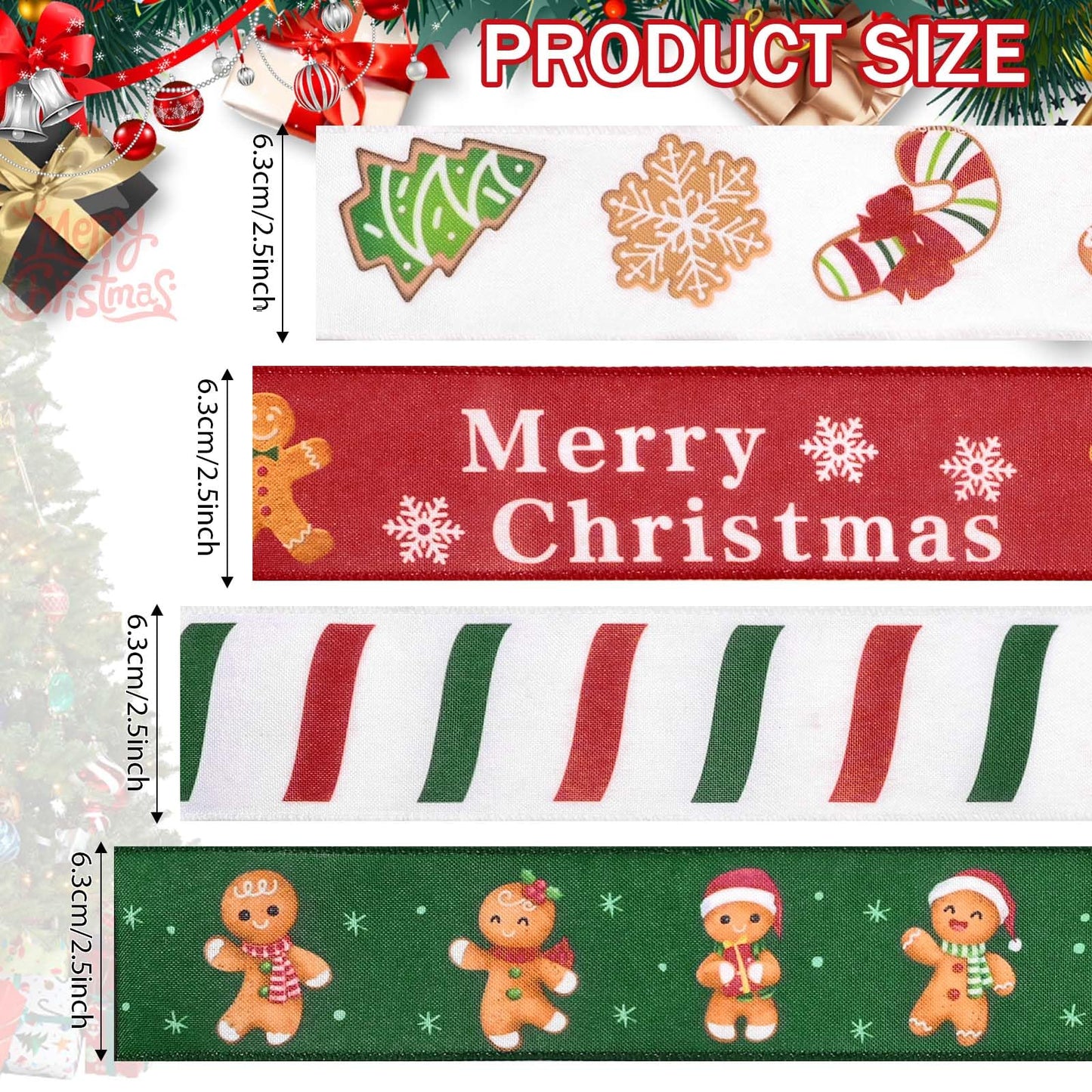 Gingerbread Christmas Wired Ribbons - 20 Yards, 2.5 Inch, Candy Cane, Gift Wrapping, DIY Bows & Wreath Decorations