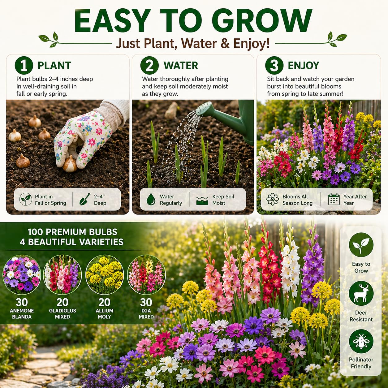100 Premium Bulbs for Spring and Summer Flower Mix – Anemone, Gladiolus, Allium & Ixia – Easy-Grow Perennial Garden Flowers – Attracts Bees, Butterflies & Hummingbirds – Outdoor Planting