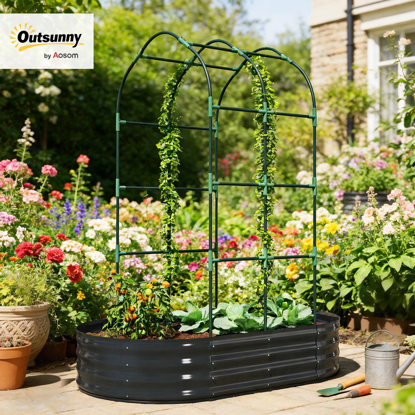 Outsunny Galvanised Raised Garden Bed with Arched Trellis, 5 x 3 x 6ft Metal Outdoor Planter Box with Open Bottom Design, Modular Raised Bed with Gloves for Vegetable Flower, Easy Assembly, Dark Gray