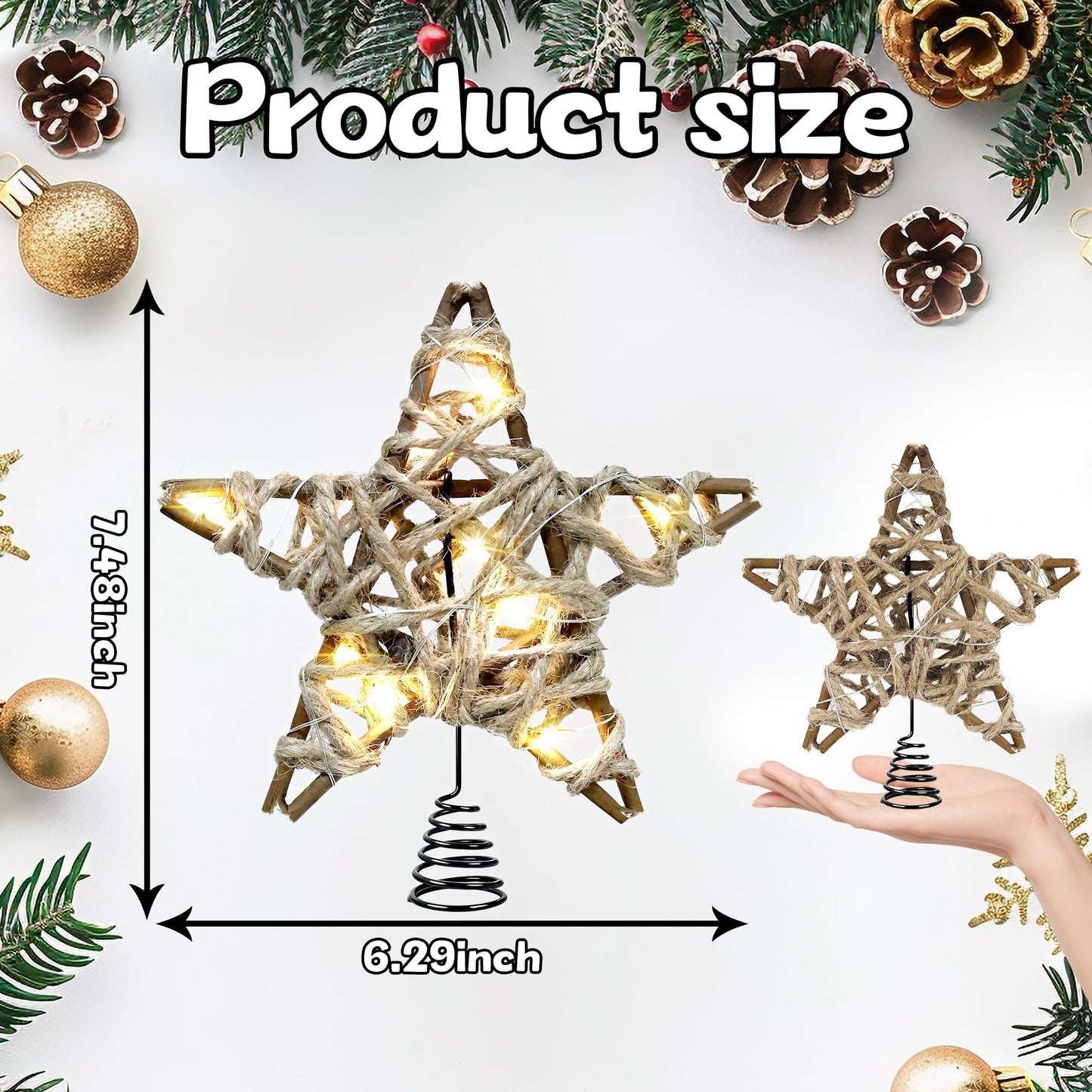 Joytry Christmas Tree Topper Rustic Christmas Tree Topper Star 6 Inch, Battery Operated Lighted Jute Rattan Star Warm White Light Christmas Tree Decoration for Small Tabletop Christmas Trees