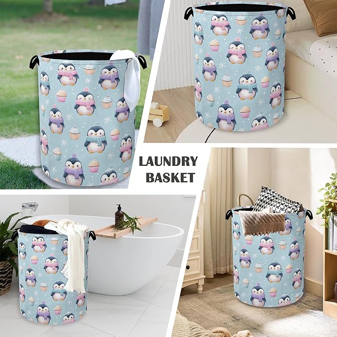 Cute Penguin Laundry Basket, Snowflake Cake Foldable Oxford Cloth Tote Bag