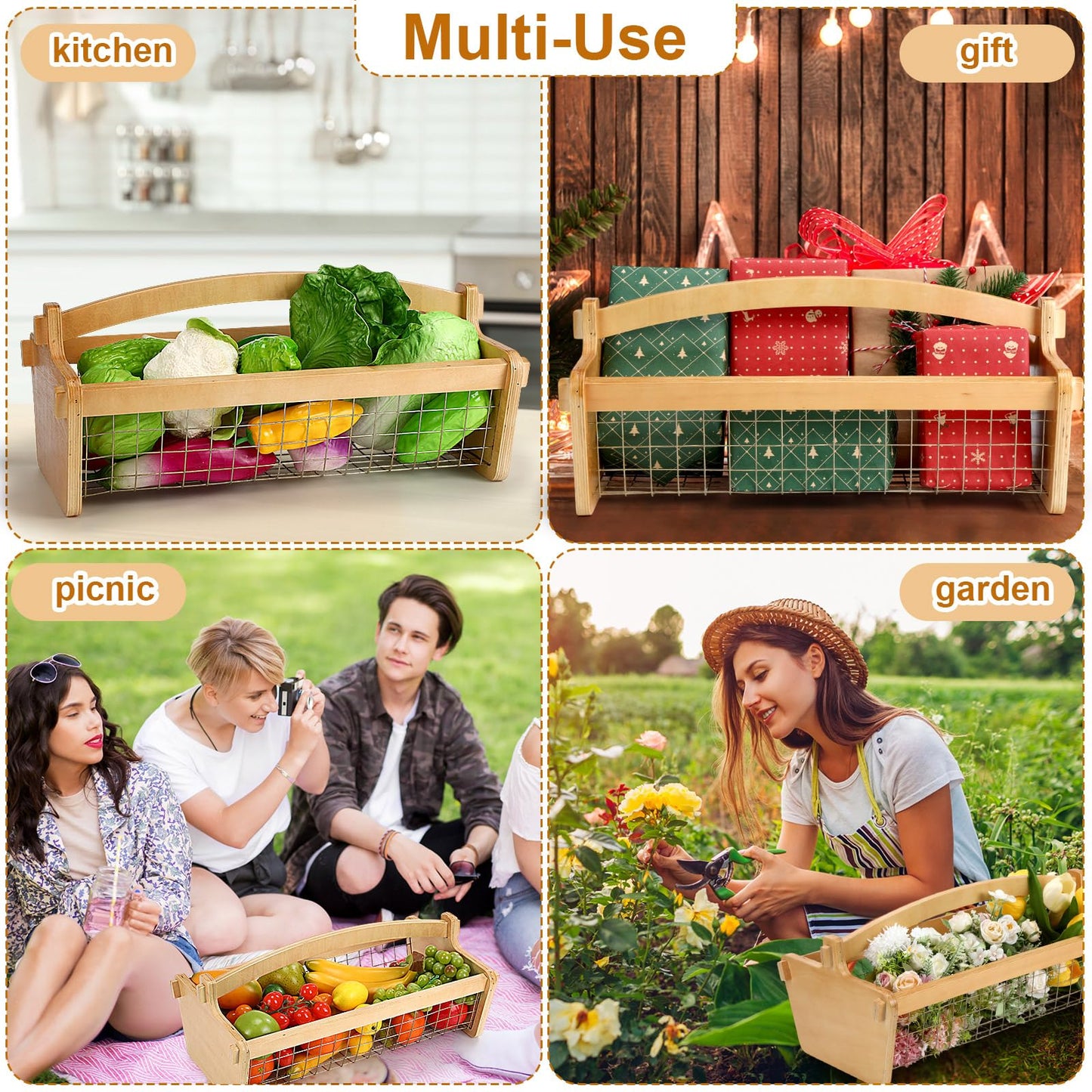 Teenyyou Large Garden Hod Harvest Basket 19 x 11 x 6 Inch, Wooden Gathering Basket with Handle Wire Mesh for Gardening Christmas Gardener Gifts Outdoor Picking Washing Holding Fruits Vegetables