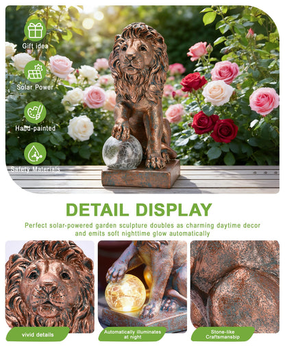 Nacome Guardian Lion Garden Decor: Outdoor Decoration Statue with Ball Lights for Yard Art Porch Patio Balcony - Unique Birthday Choice for Women Mom Lover - 9.45in (Copper)