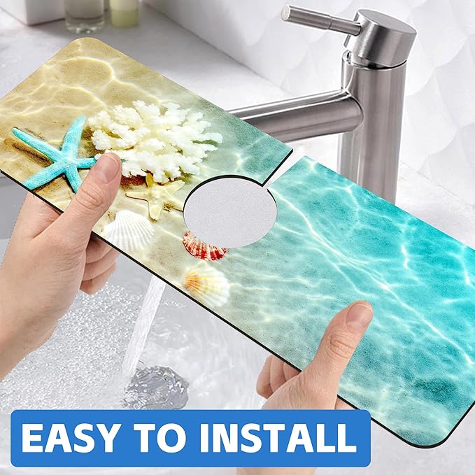 Beach Dish Drying Mat for Kitchen Sink Starfish Coral and Seashell Splash Guard