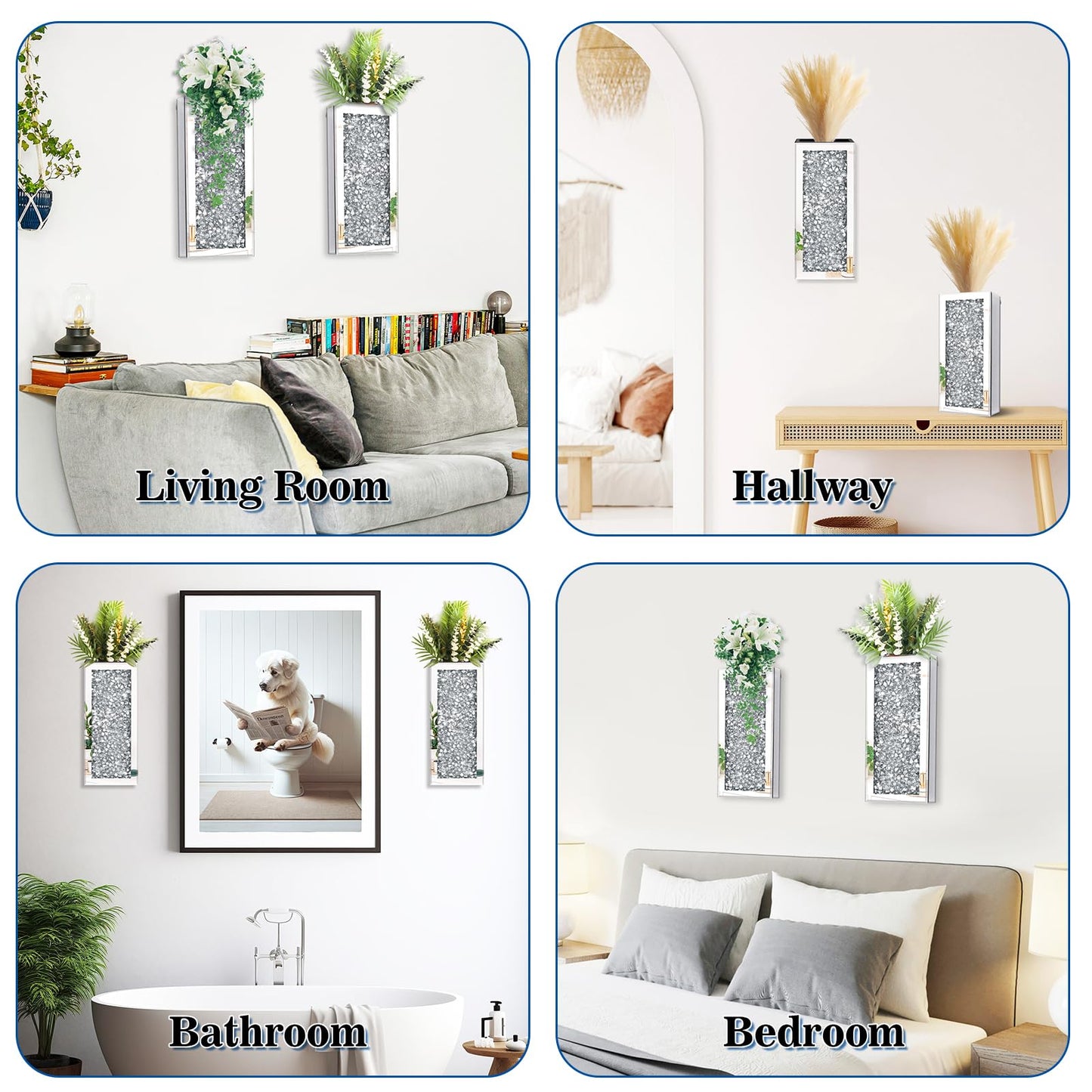Azonsdop Silver wall Decor Mirrored Vase Set of 3,Crystal Crush Diamond Flower Vase,Stunning Decorative Glass Hanging Planter & Container for Home Wall Decor Befit for Faux Plants Can't Hold Water