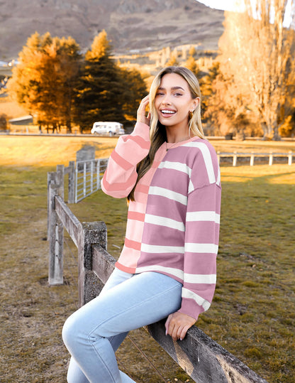 Zeagoo Womens Striped Oversized Sweater 2025 Crew Neck Long Sleeve Knitted Color Block Casual Loose Pullover Top