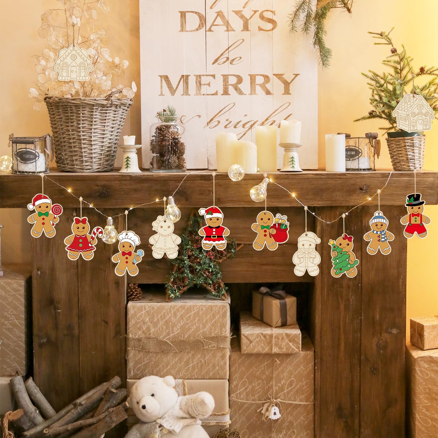80PCS Wooden Christmas Ornaments to Paint, 8 Styles DIY Blank Unfinished Wood Gingerbread Man Cutouts Ornament for Crafts Winter Hanging Decorations