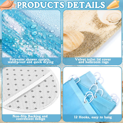FuWeave 8 Pcs Summer Beach Shower Curtain Set Bathroom Decor Sea Ocean Waterproof Bathroom Accessories Shower Curtain Sets with Towels Carpet Bath Mat Toilet Rugs and 12 Hooks