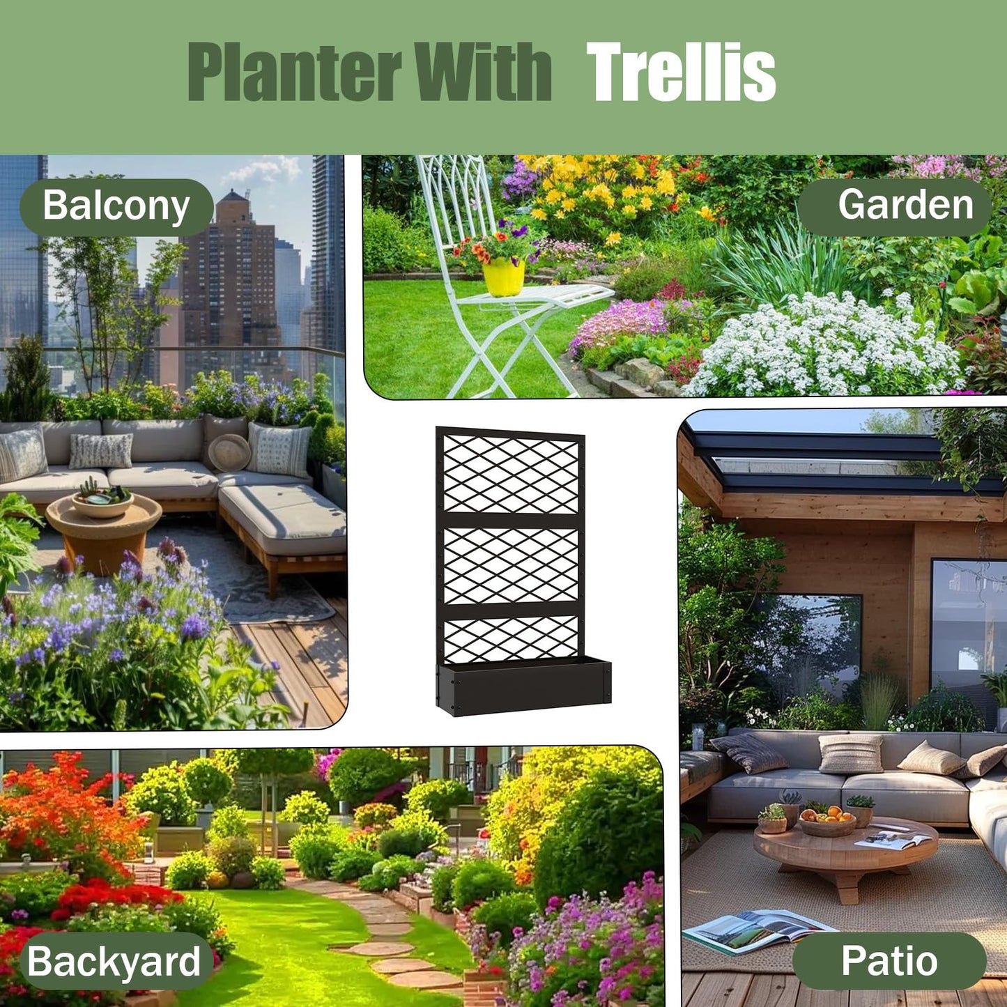 aboxoo 59 inch Metal Planter Planter Box with Privacy Screen Trellis Outdoor Raised Garden Bed Standing Garden Flower Bed with Drainage Holes(Black)