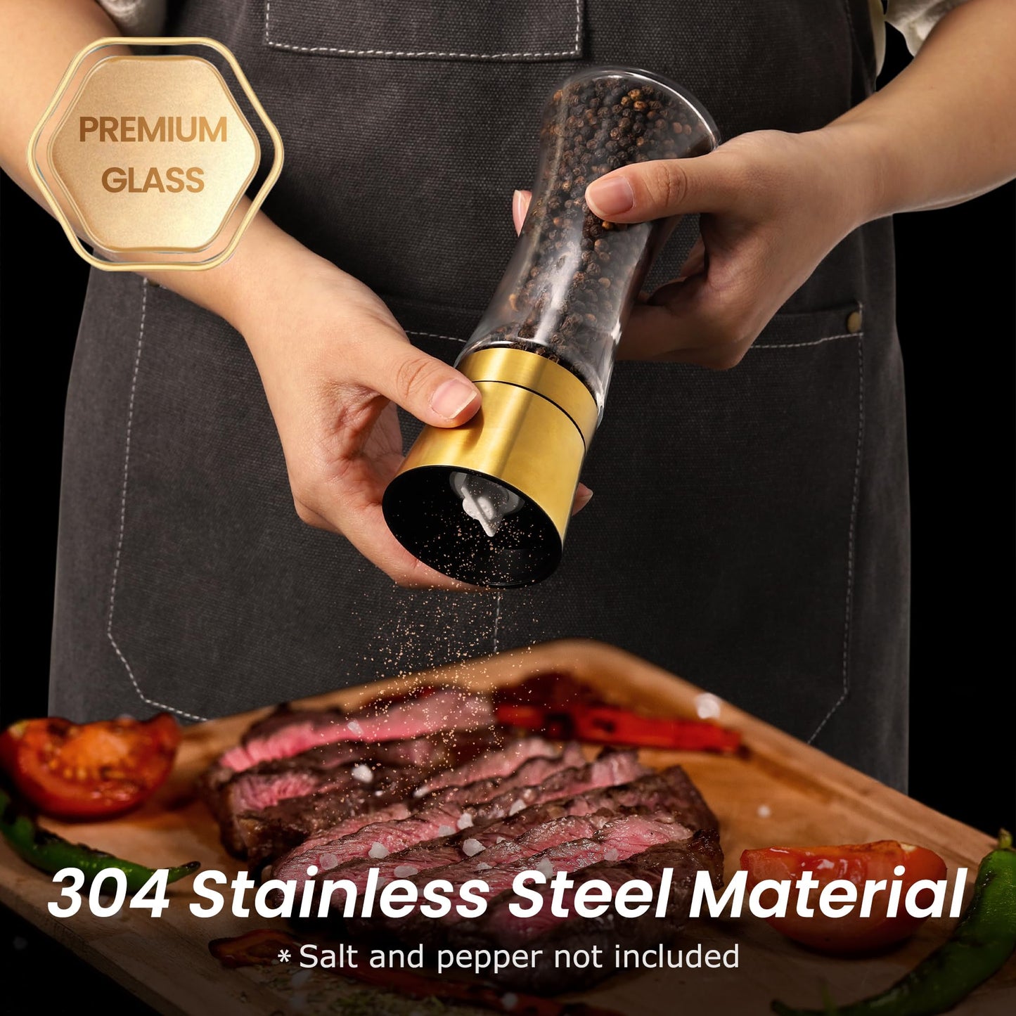 VEVOK CHEF Gold Salt and Pepper Grinder Mill Set Stainless Steel Pepper Shaker Adjustable Ceramic Coarseness Salt Grinder Black Pepper Spice Grinder Mill