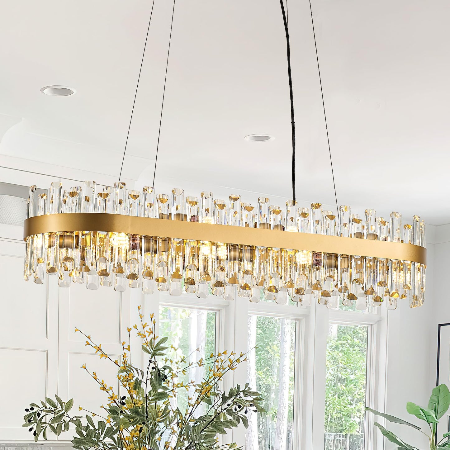 lighceac 39" Modern Gold Rectangle Crystal Chandelier Light Fixtures for Kitchen Island Luxury Linear Crystal Chandeliers for Dining Room 16-Light Long Hanging Pendant Lighting for Entryway Foyer Bar