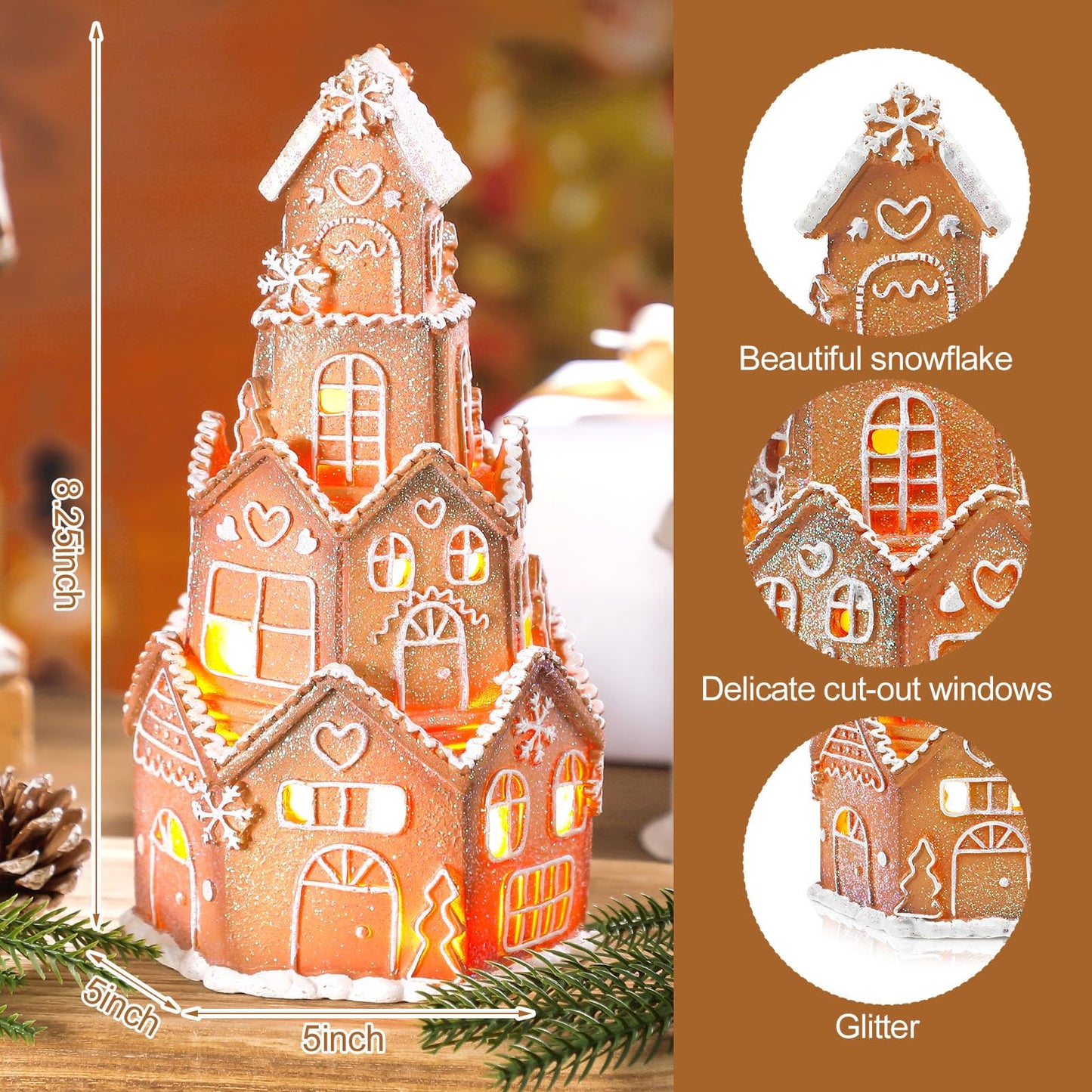 Beeveer LED Christmas Gingerbread House Decoration Resin Christmas Gingerbread Village Sets Xmas Village Collectible Figurines Home Decor Gifts 5 x 5 x 8.25 Inch