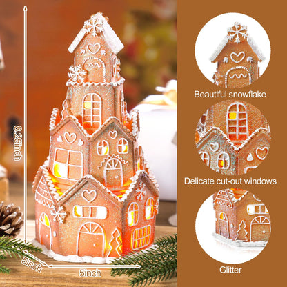 Beeveer LED Christmas Gingerbread House Decoration Resin Christmas Gingerbread Village Sets Xmas Village Collectible Figurines Home Decor Gifts 5 x 5 x 8.25 Inch