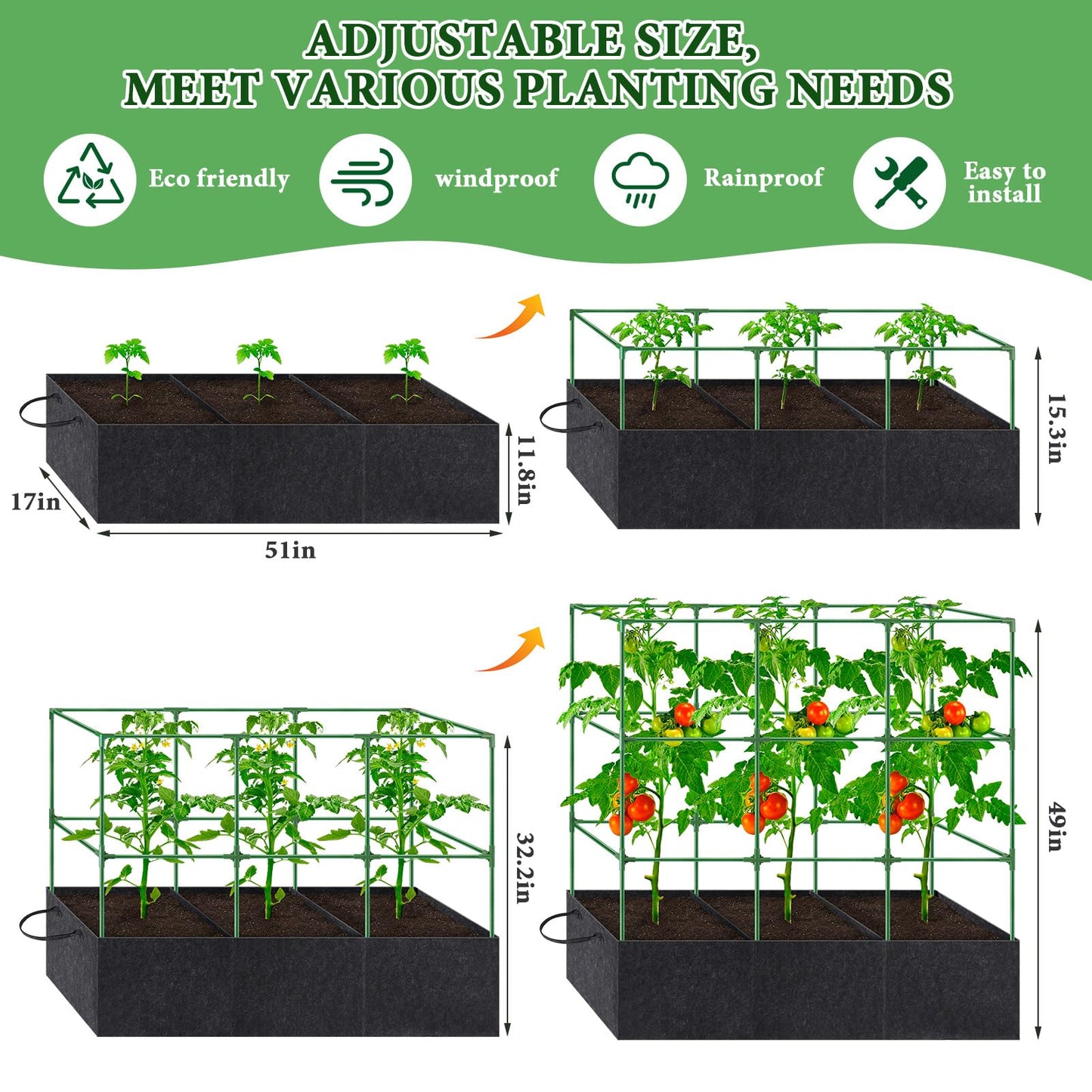 51x17x49 Inch Garden Tomato Cages with 46 Gallon Grow Bags, Square Plant Support Trellis Assembled with Planter Bags, Garden Cucumber Vegetables Frames for Vertical Climbing Plants