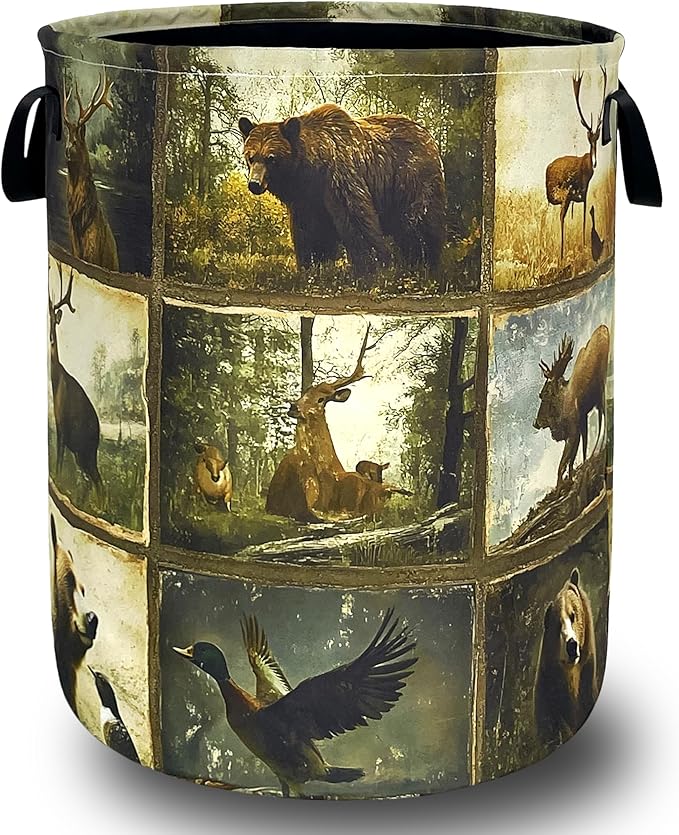 Vintage Forest Animals Laundry Basket Oxford Cloth Deer Funny Bear Laundry
