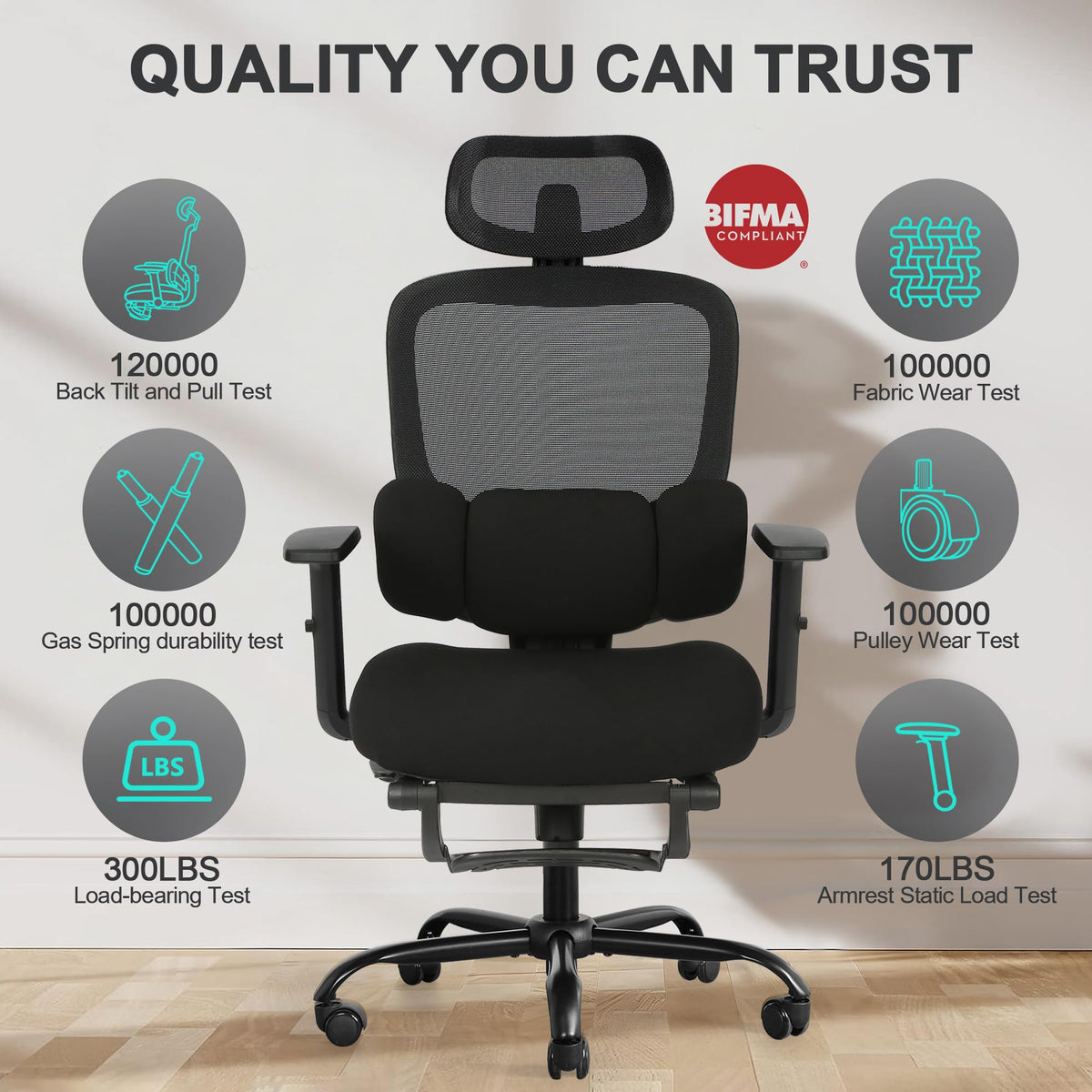 Ergonomic Office Chair with Footrest, Mesh Desk Chair with Adjustable Headrest & Armrests & Dynamic Floating Wing Lumbar Support, High Back Computer Chair for Home Office, BIFMA Certified, Black