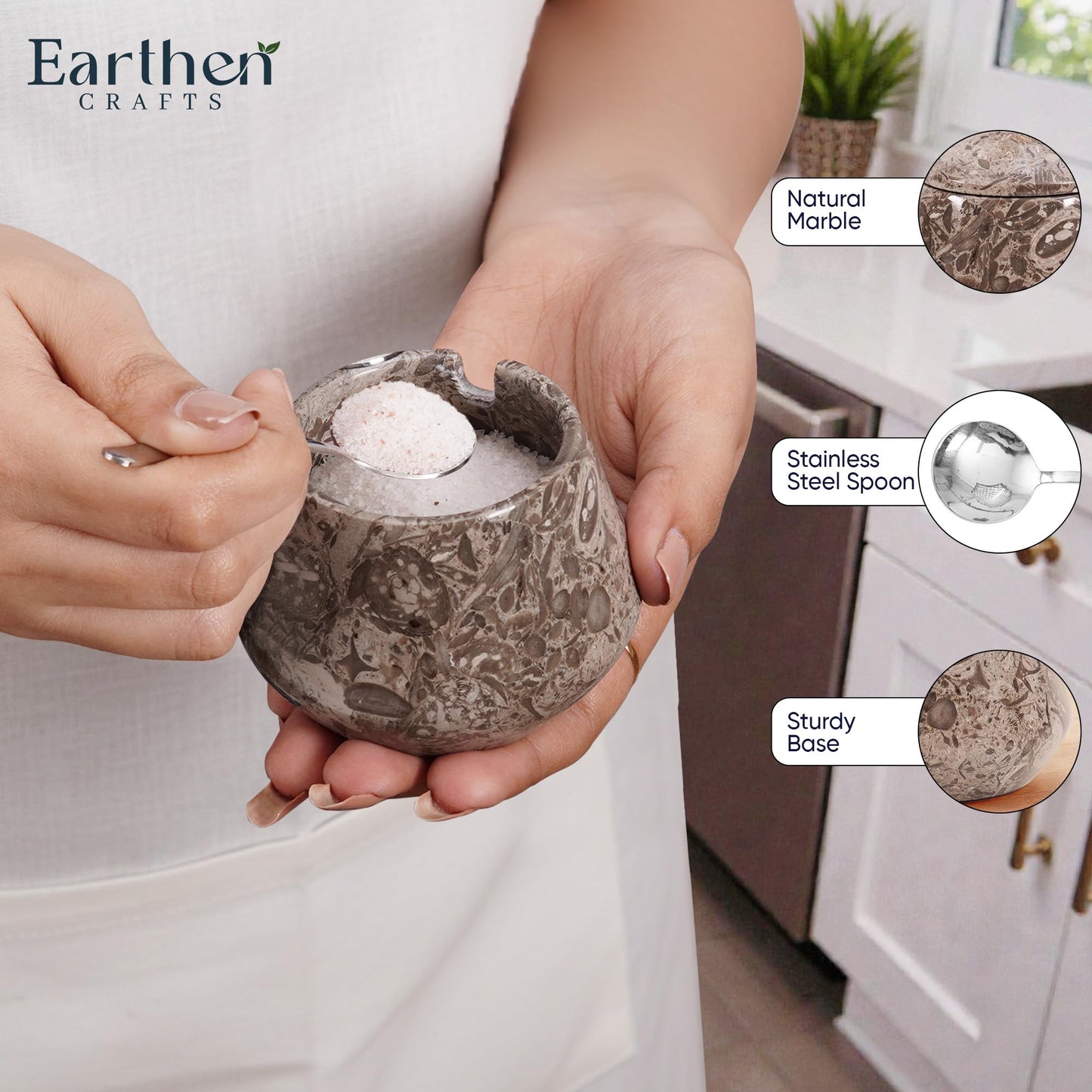 Earthen Crafts Marble Salt Cellar with Lid and Spoon 3" Inches Oceanic Salt Box Spice Jar Handmade Stone Salt Holder Sugar Storage Container for Dinning table Countertop, Ideal Gift For Kitchen Decor