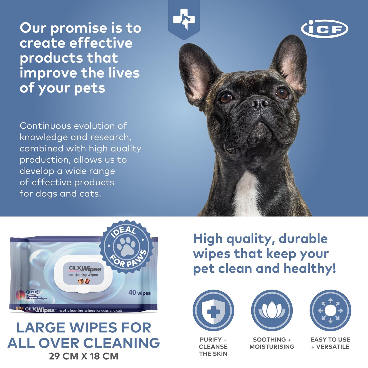 ICF | CLX Cat & Dog Wipes | Antibacterial & Antifungal Cleansing Wipes for Paws, Skin Folds & Ears | Supports Healthy Skin & Odor Control | 40 Count