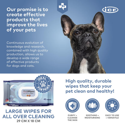 ICF | CLX Cat & Dog Wipes | Antibacterial & Antifungal Cleansing Wipes for Paws, Skin Folds & Ears | Supports Healthy Skin & Odor Control | 40 Count