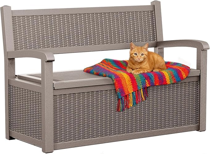EasyUp 80 Gallon Outdoor Storage Bench Lockable Deck Box Outdoor Storage Box Waterproof for Patio,Garden,and Porch – Perfect for Storing Garden Tools and Cushions(Gray)
