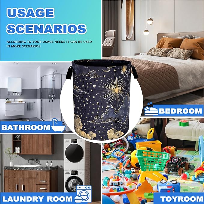 Beautiful Sun Stars Moon Laundry Basket Oxford Cloth Clouds Laundry Hamper