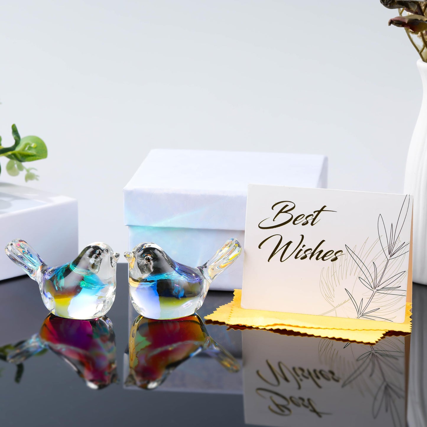 Qianwei 2pcs ABColor Glass Birds Figurine Handmade Blown Crystal Home Decor