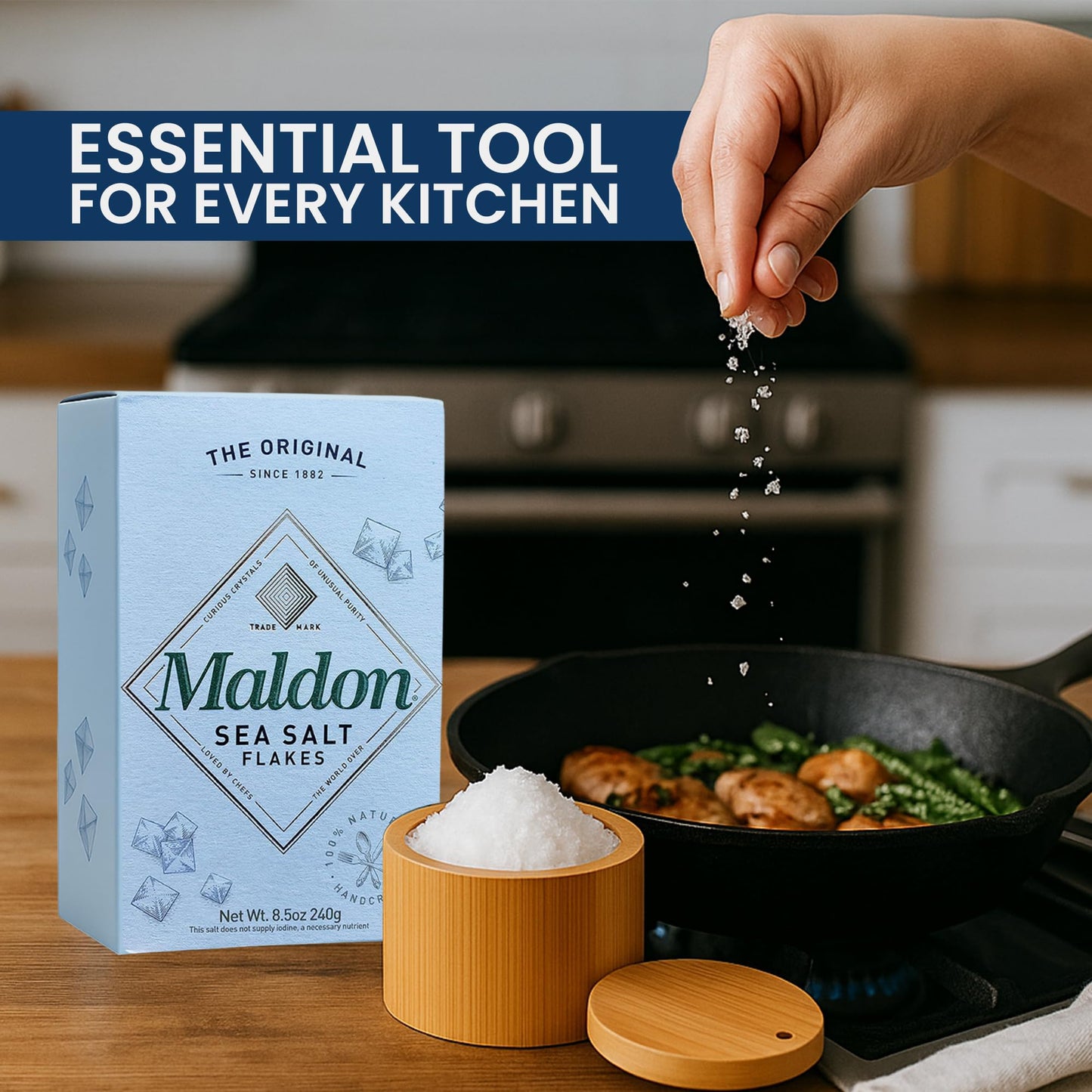NORTHWARD SPIRIT Bamboo Salt Box Cellar Canister Gift Set With Maldon Sea Salt Flakes 8.5 Oz Box - Great For Salts, Spices, Seasonings In Your Gourmet Kitchen